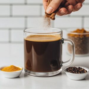 A hand sprinkling cinnamon into hot black coffee with bowls of turmeric and black pepper beside the mug for the Easy Coffee Loophole Recipe