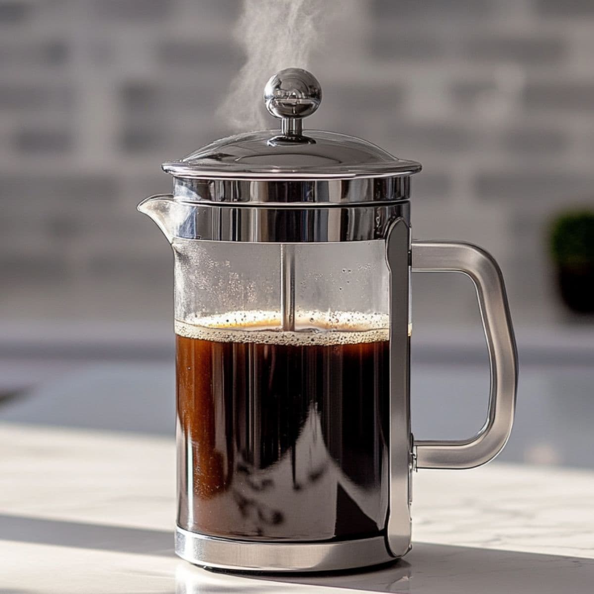 Freshly brewed black coffee in a French press sitting on a white kitchen counter for the Easy Coffee Loophole Recipe