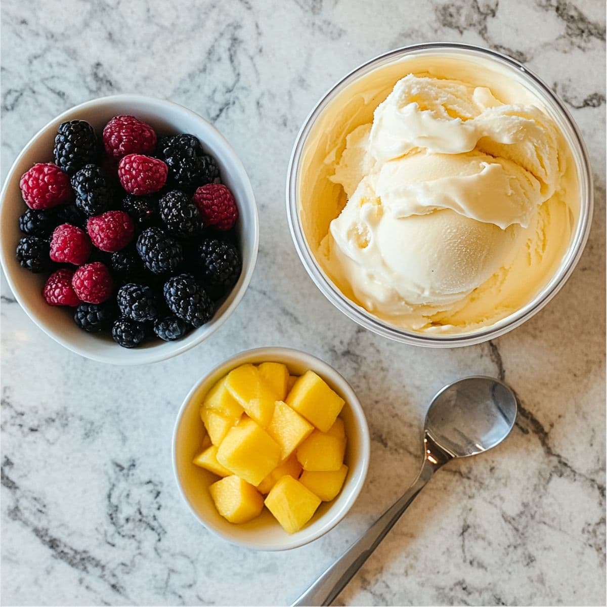 Soft Ninja Creami ice cream in an open pint with a bowl of fresh fruit beside it