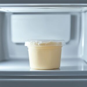 A Ninja Creami pint filled with ice cream base freezing inside a clean freezer