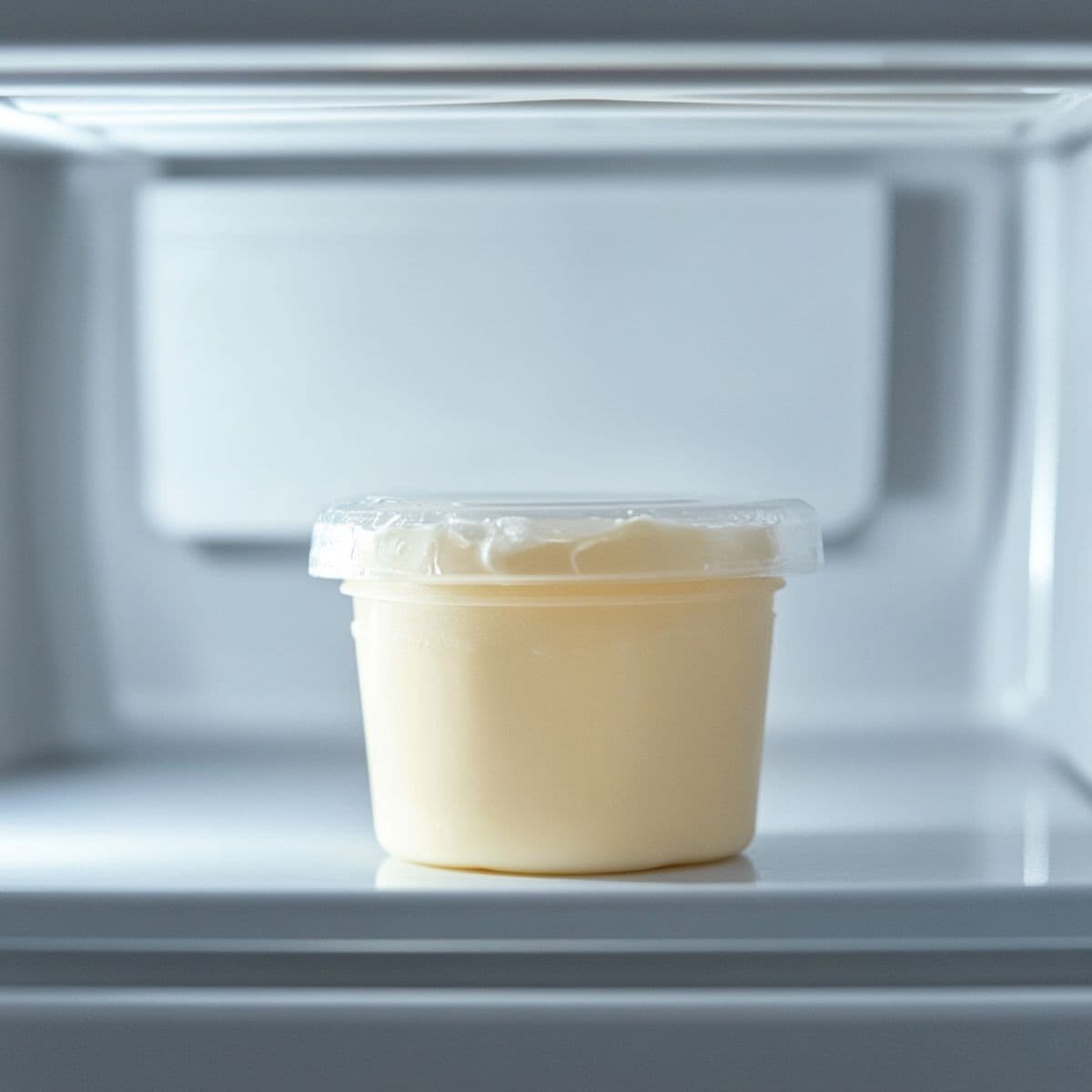 A Ninja Creami pint filled with ice cream base freezing inside a clean freezer