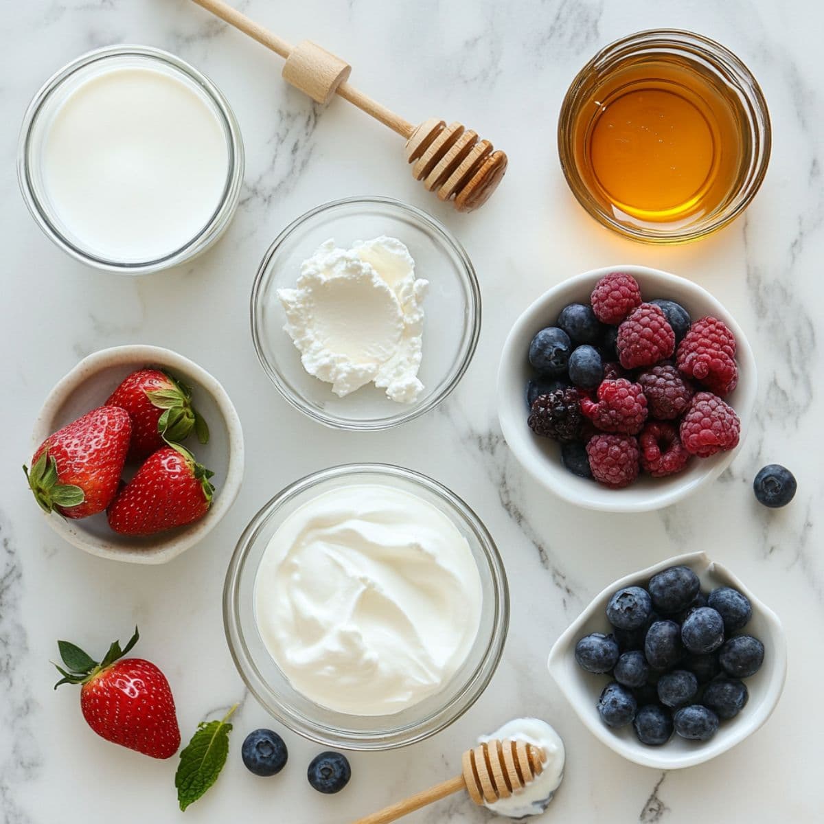 Overhead view of ingredients used in Ninja Creami recipes, including yogurt, almond milk, fruit, and protein powder