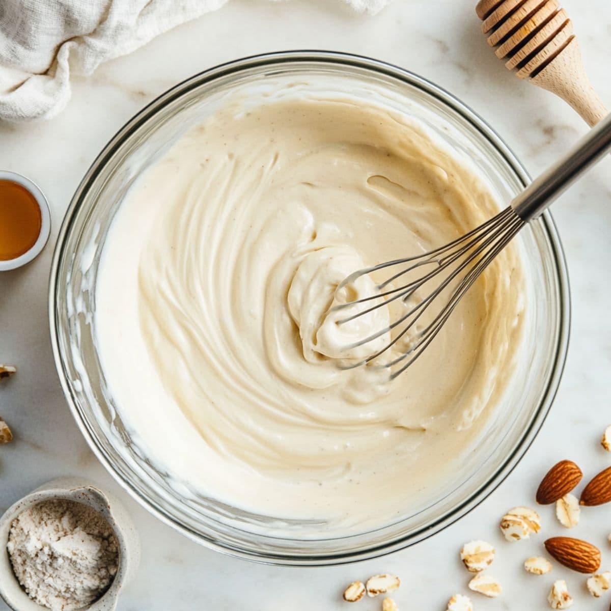 Whisking Ninja Creami ingredients in a mixing bowl before freezing