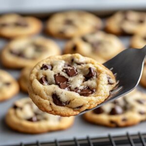 Golden-brown toll house cookies cooling on a baking sheet, with slightly soft centers and crisp edges, fresh from the oven.