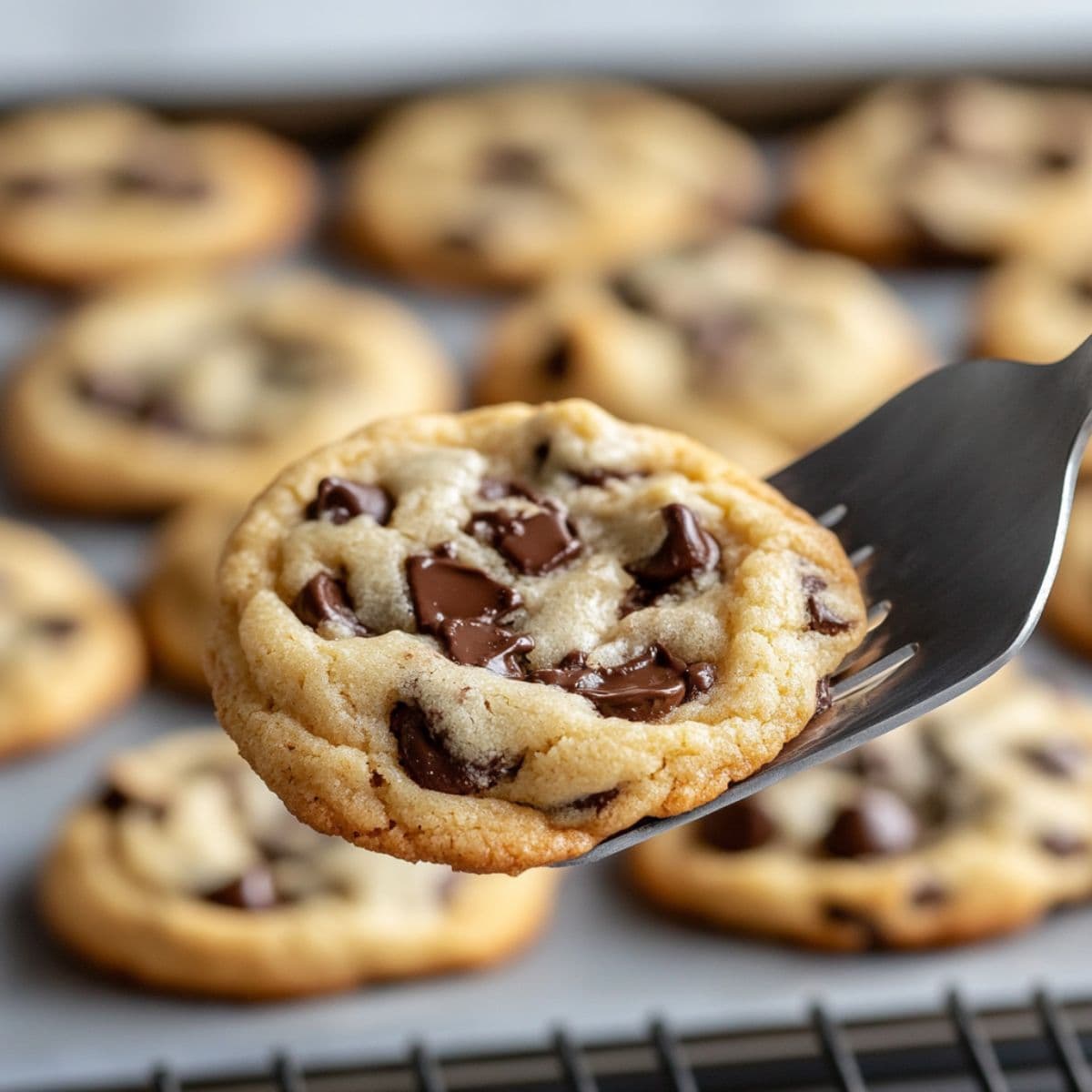 Golden-brown toll house cookies cooling on a baking sheet, with slightly soft centers and crisp edges, fresh from the oven.
