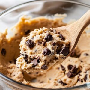 A wooden spoon gently folding semi-sweet chocolate chips and nuts into the combined butter and flour dough mixture for toll house cookie recipes.
