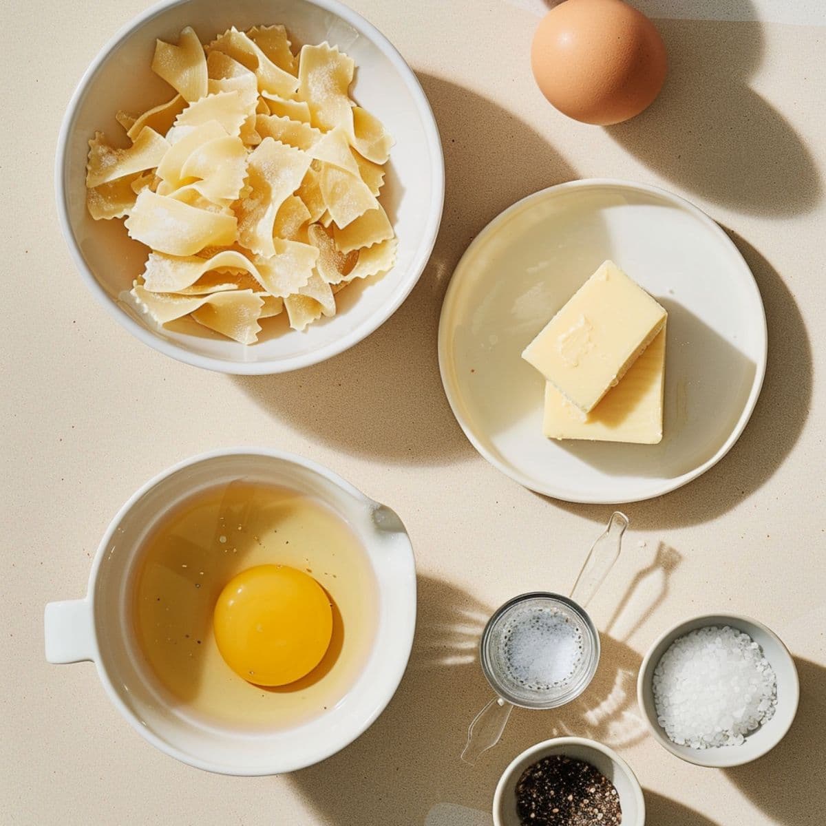 Flat lay of ingredients for pastina recipe including pastina pasta, broth, butter, parmesan, egg, salt, and pepper