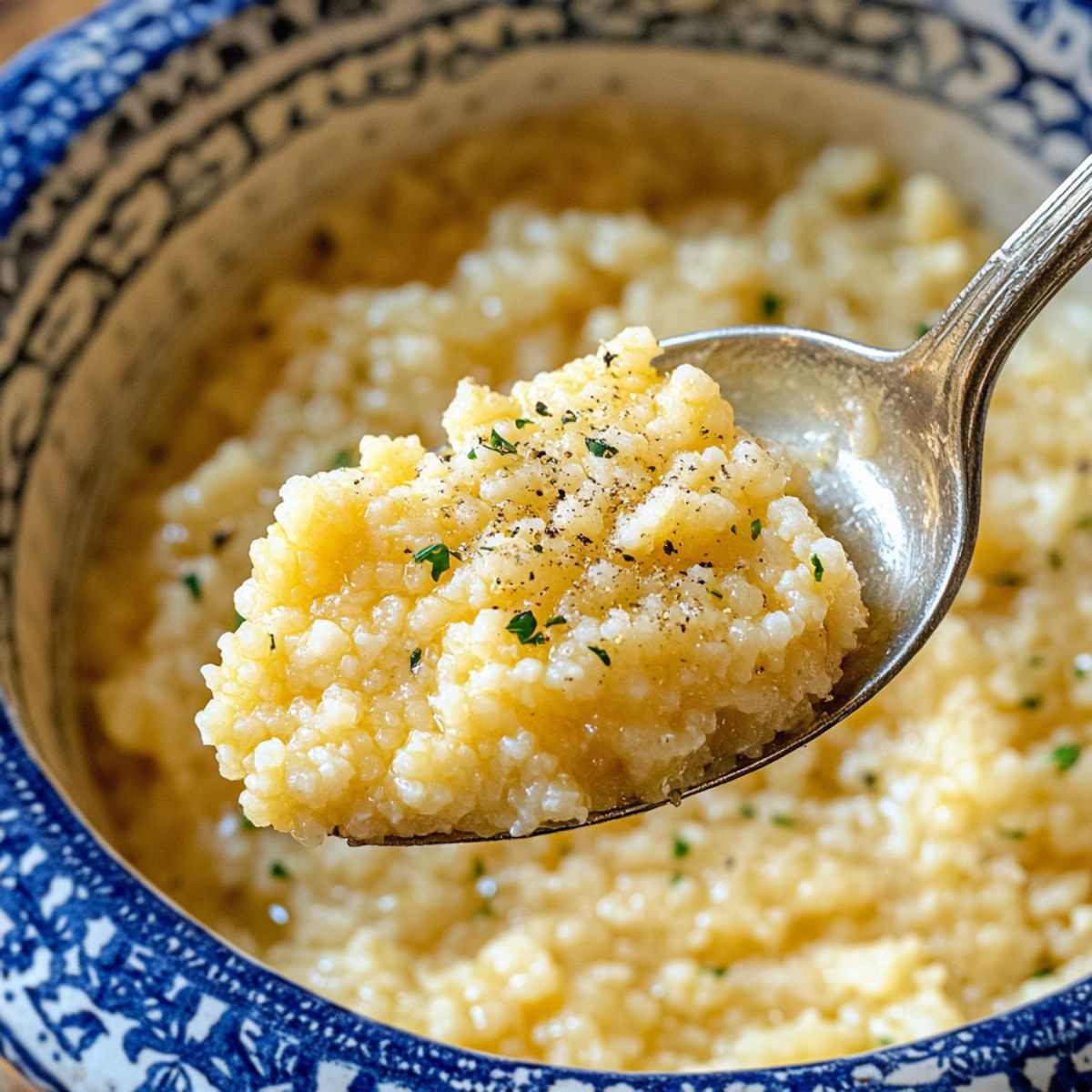 Creamy pastina recipe served in a white bowl with spoon, captured in soft daylight