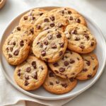 A batch of warm toll house cookies with melted chocolate chips on a cooling rack