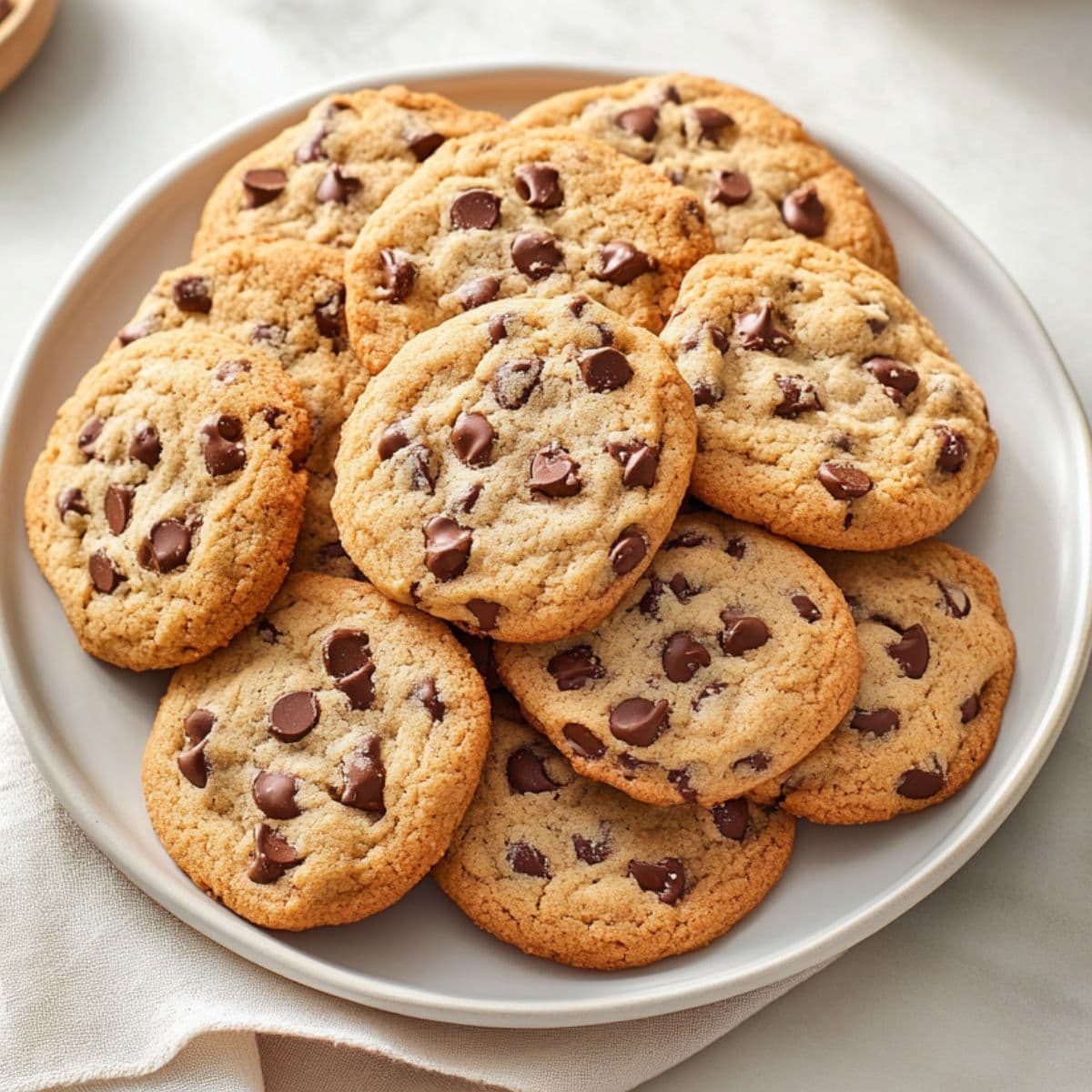 A batch of warm toll house cookies with melted chocolate chips on a cooling rack