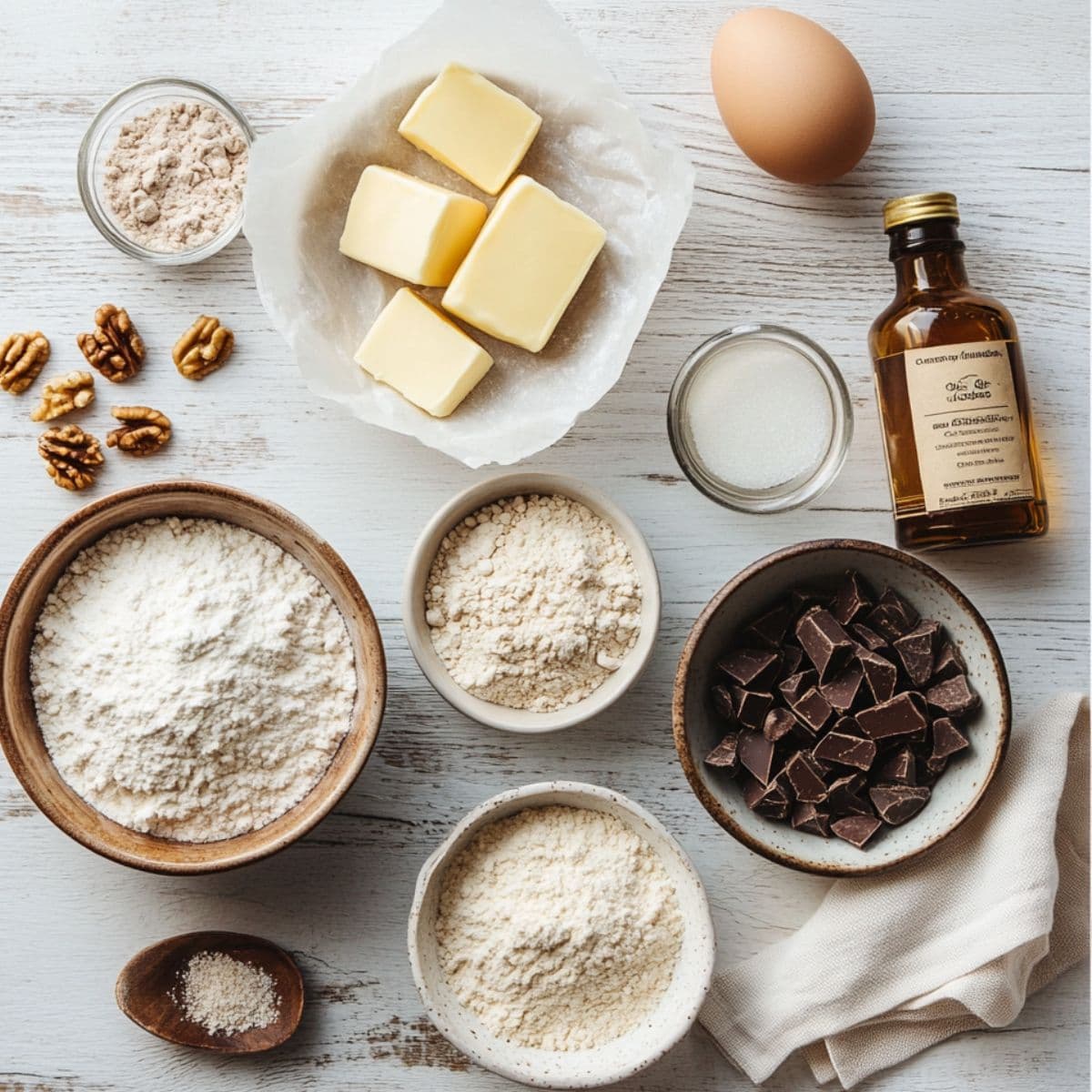 A flat lay of all the ingredients for classic toll house cookie recipes, including all-purpose flour, baking soda, salt, softened butter, granulated sugar, brown sugar, vanilla extract, large eggs, semi-sweet chocolate chips, and chopped walnuts.