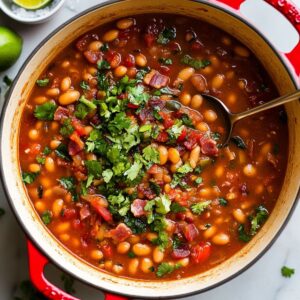 finish up charro beans with cilantro and lime