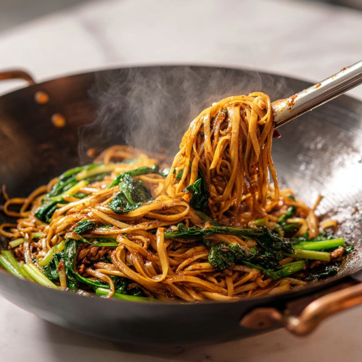 add noodles and go crazy for phat si-io recipe with glossy noodles and Chinese broccoli in a hot wok