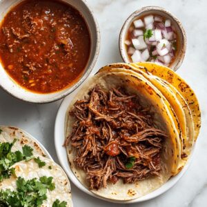 assemble the tacos for birria tacos recipe with cheese and shredded beef