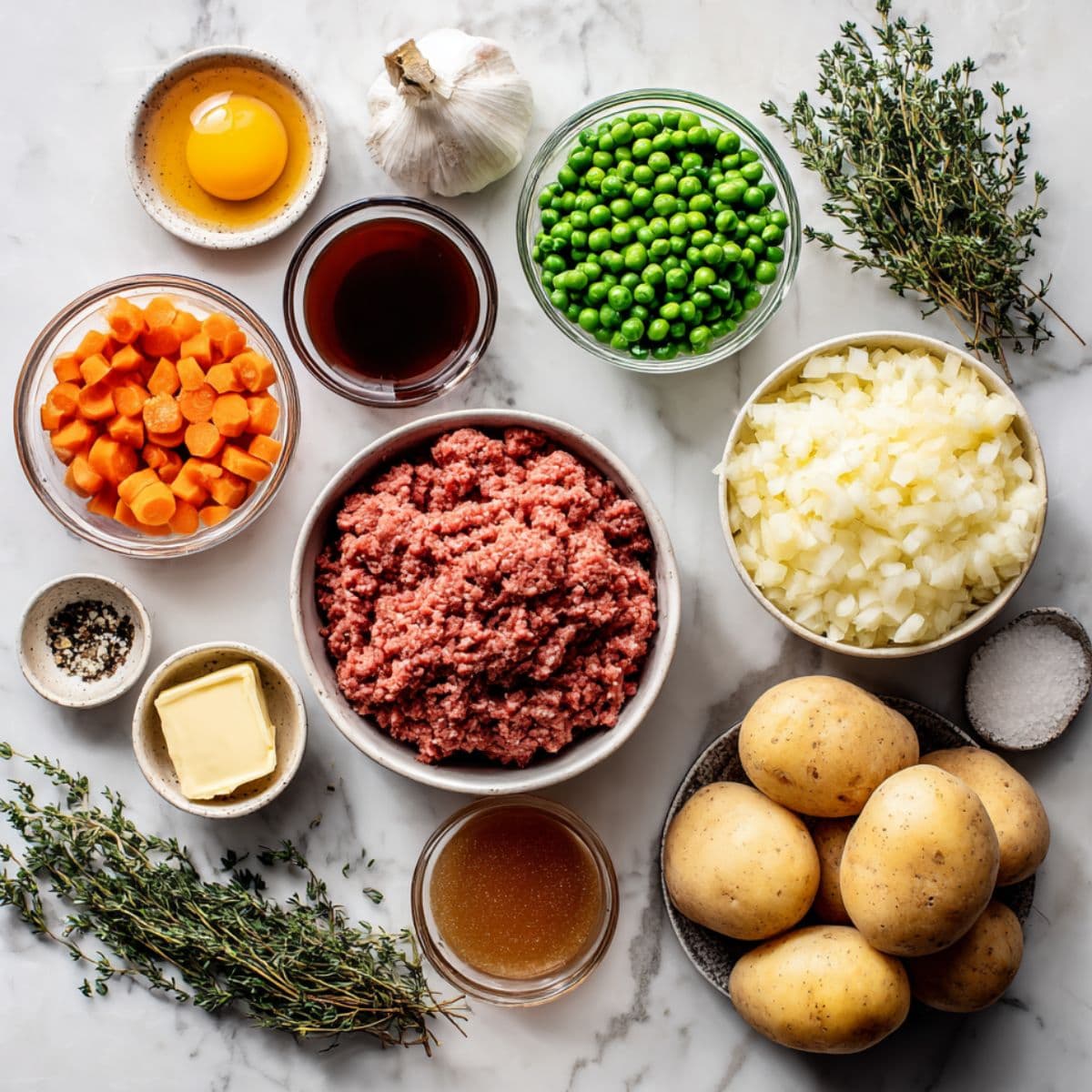 cottage pie recipe essential ingredients including ground beef, potatoes, vegetables, and seasonings
