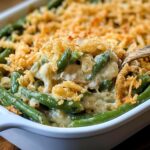 green bean casserole recipe with crispy onion topping and creamy green beans