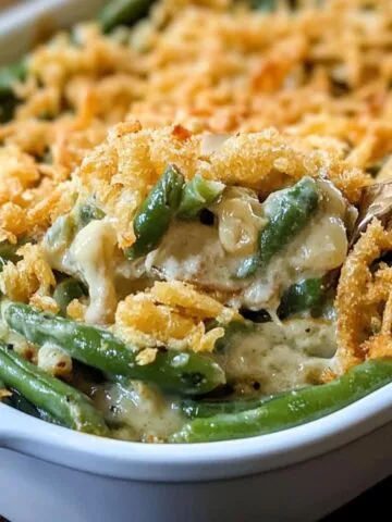 green bean casserole recipe with crispy onion topping and creamy green beans