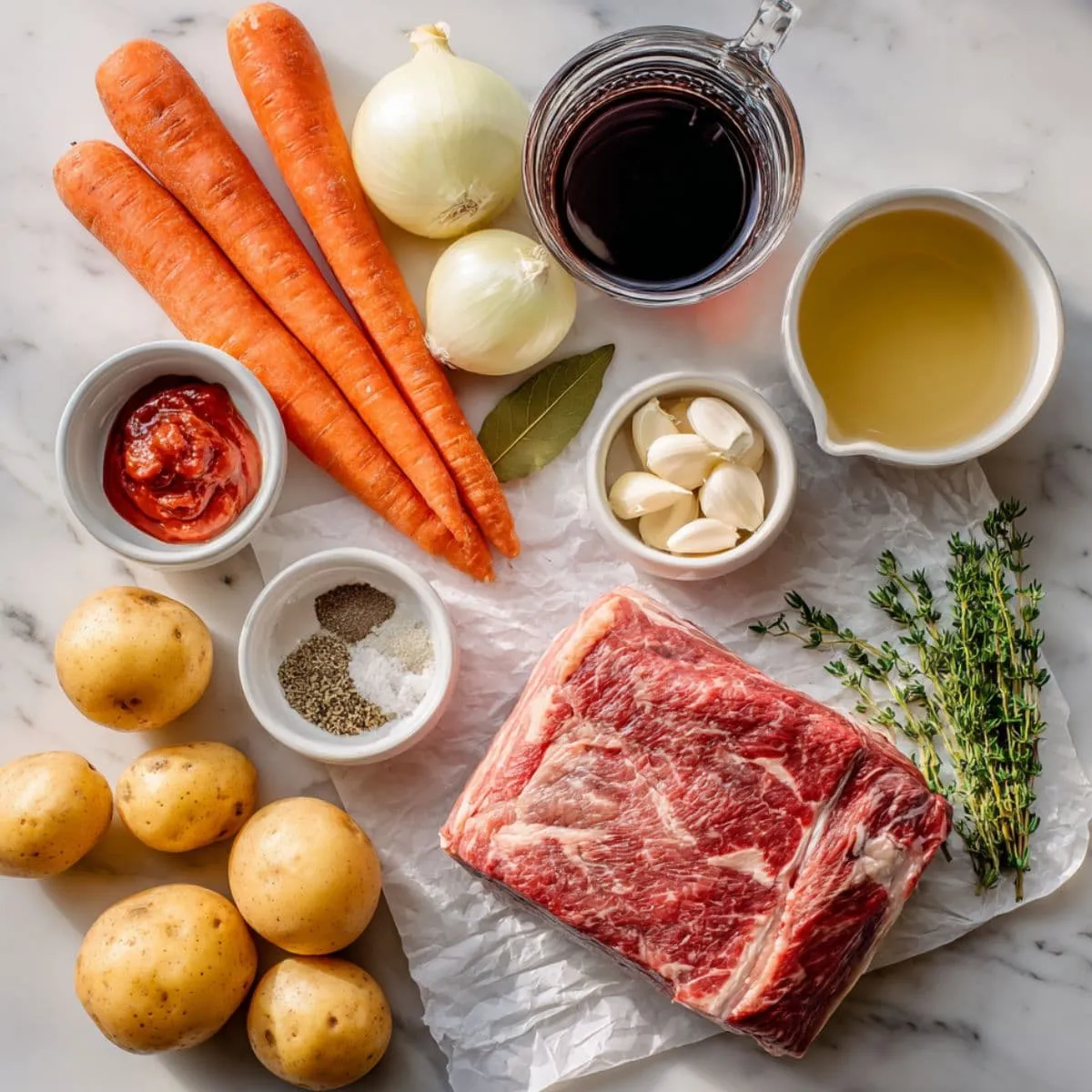 pot roast recipe essential ingredients like chuck roast, garlic, onion, carrots, potatoes, and broth