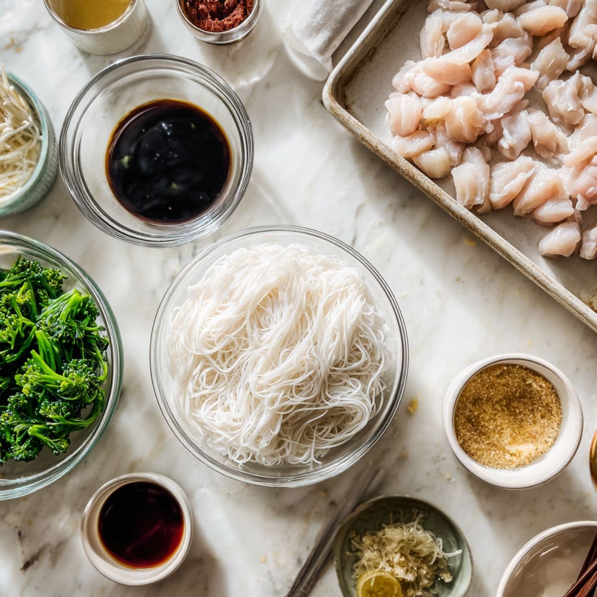 prep everything first for phat si-io recipe with soaked noodles, chopped broccoli, and mixed sauce
