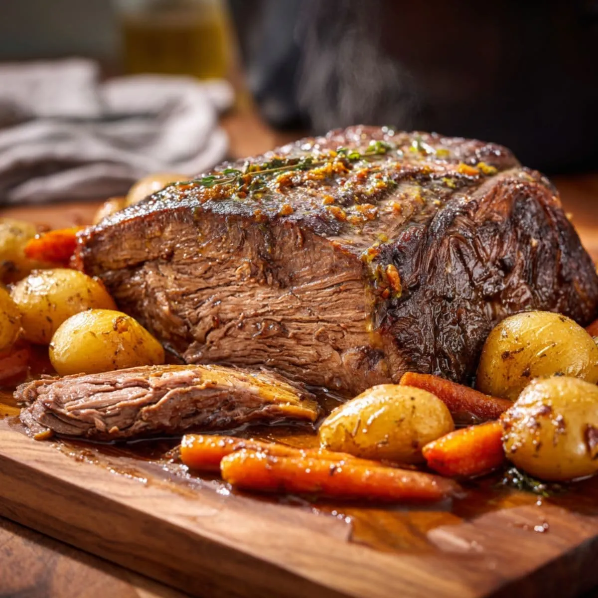 rest and serve pot roast recipe with sliced beef, vegetables, and pan juices ready to eat