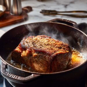 sear and season chuck roast for pot roast recipe in Dutch oven until deeply browned