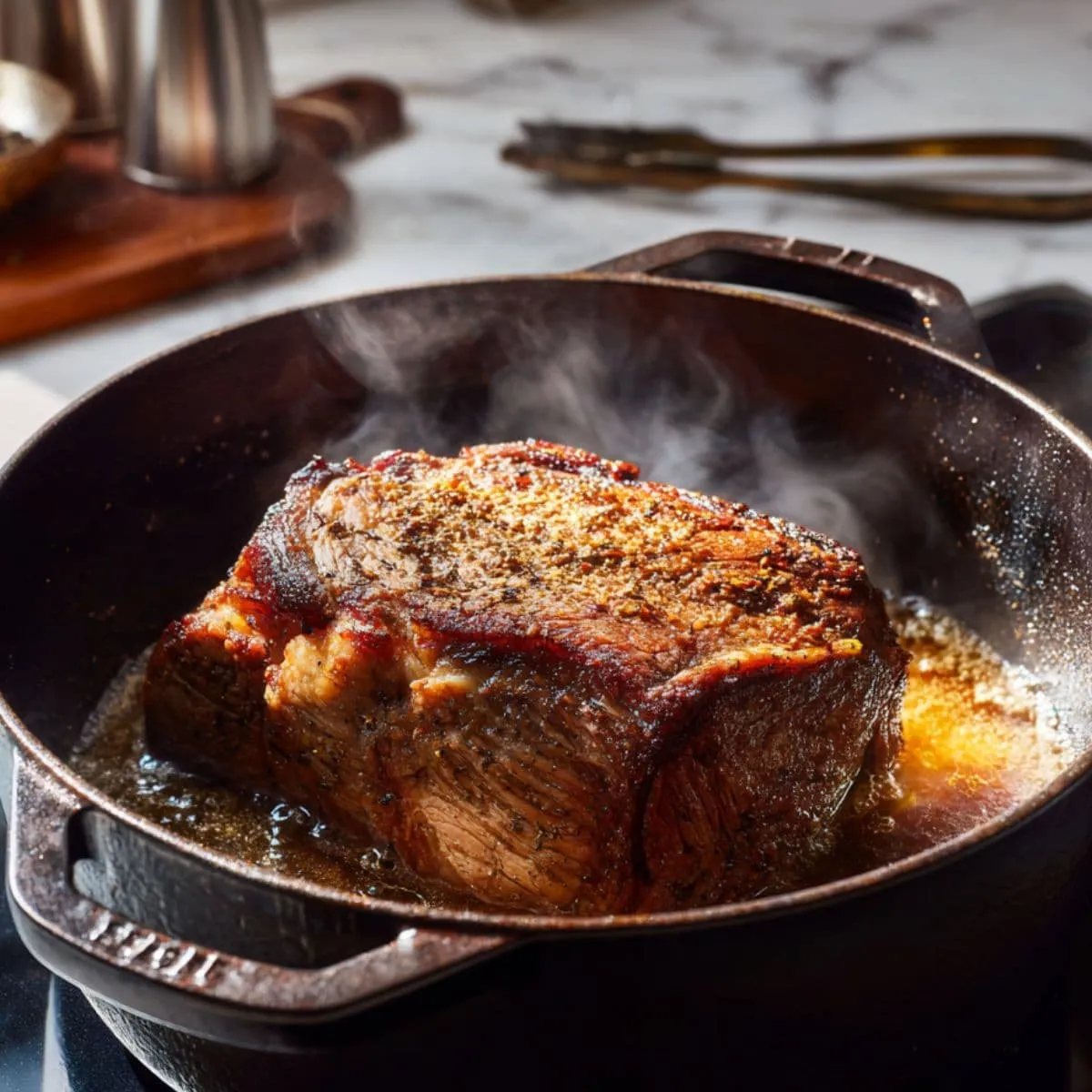 sear and season chuck roast for pot roast recipe in Dutch oven until deeply browned