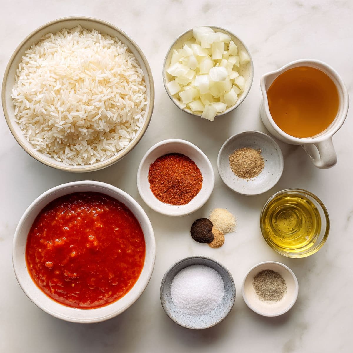 spanish rice recipe essential ingredients including rice, tomato sauce, broth, onion, and spices