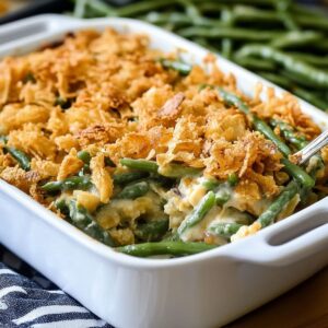 top and crisp green bean casserole recipe with golden fried onions just out of the oven