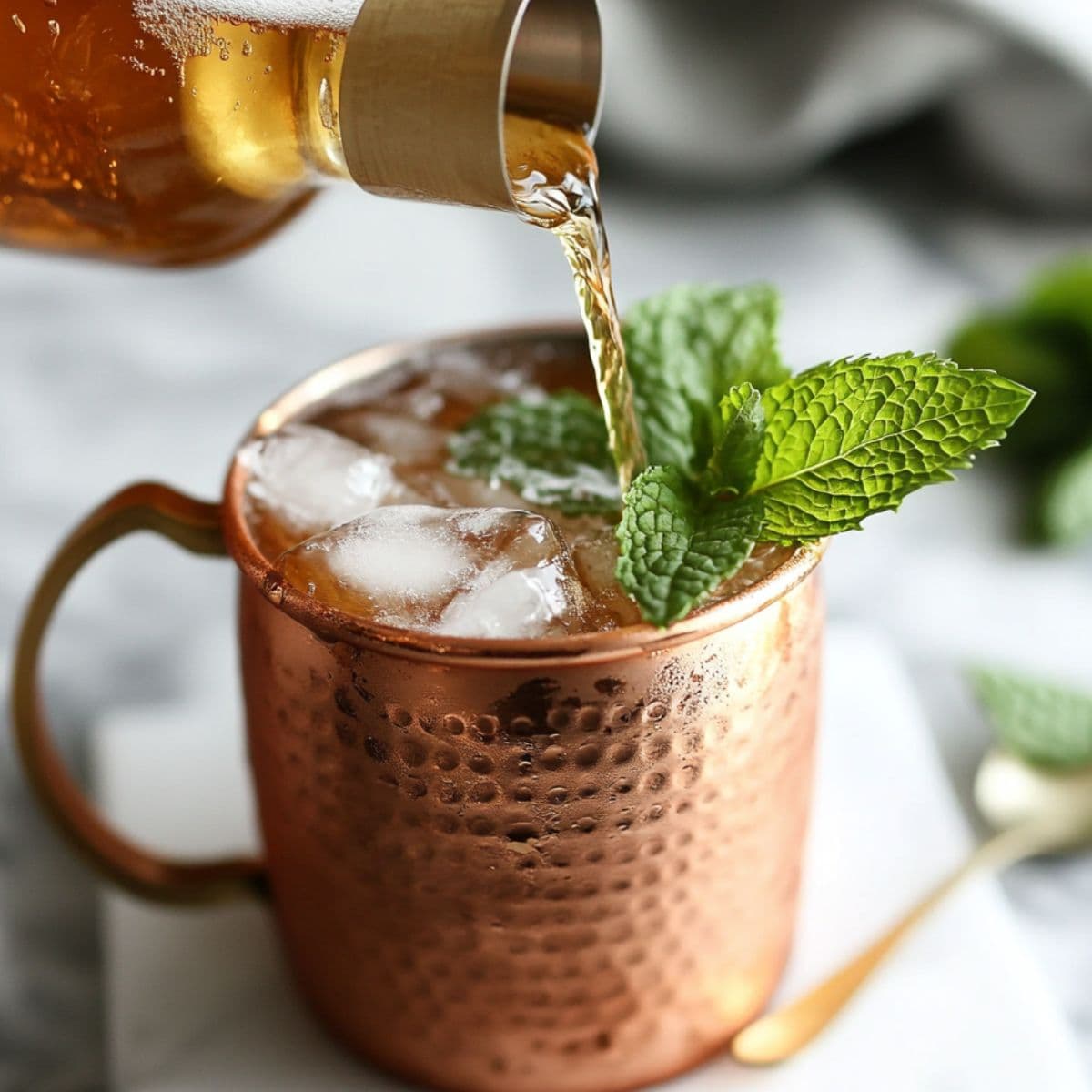 top and stir your kentucky mule recipe with ginger beer and a mint garnish