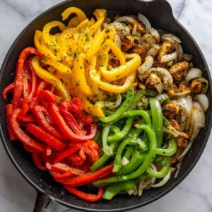 colorful bell peppers added to rasta pasta recipe with jerk-spiced meat