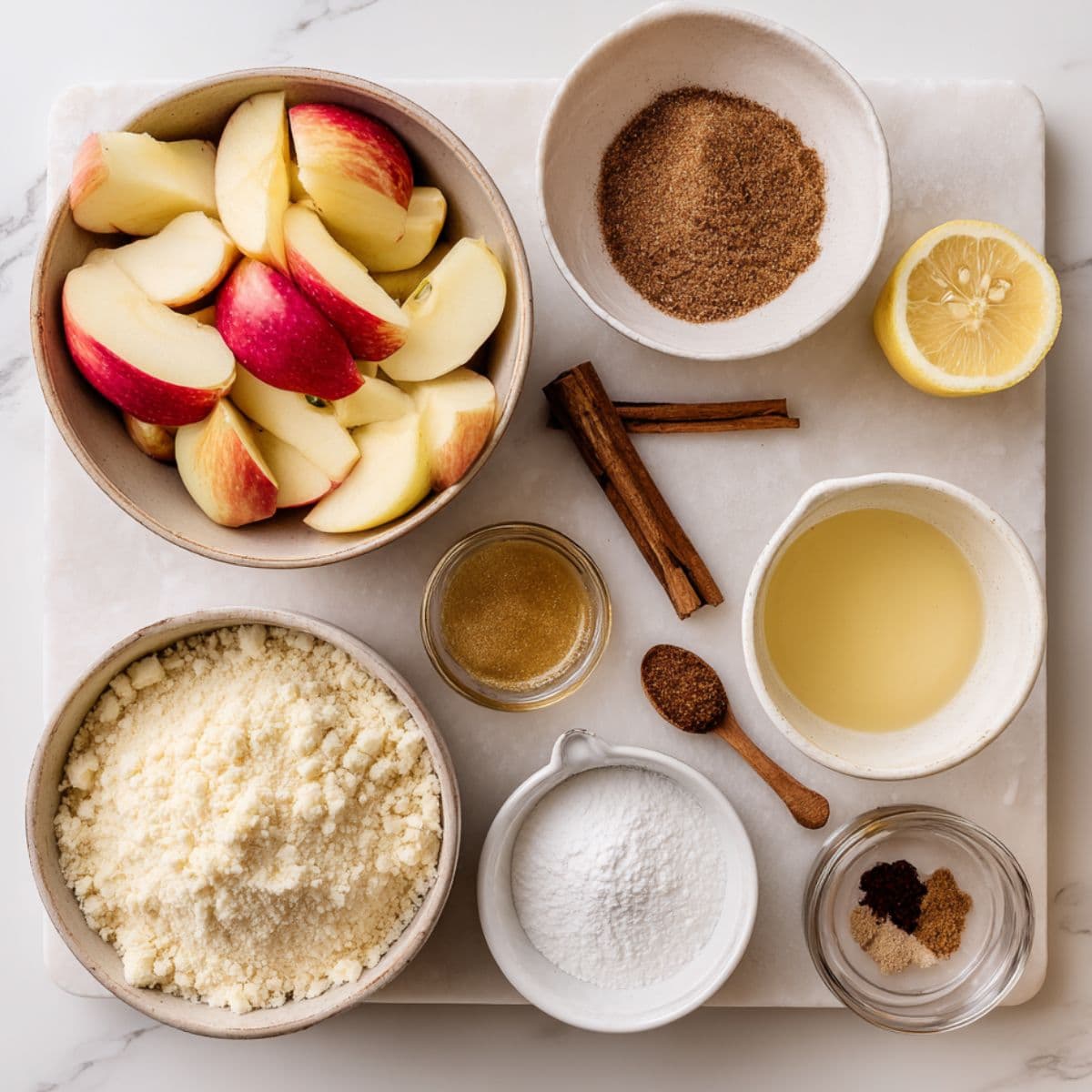 apple cobbler recipe essential ingredients including sliced apples, brown sugar, cinnamon, nutmeg, and vanilla