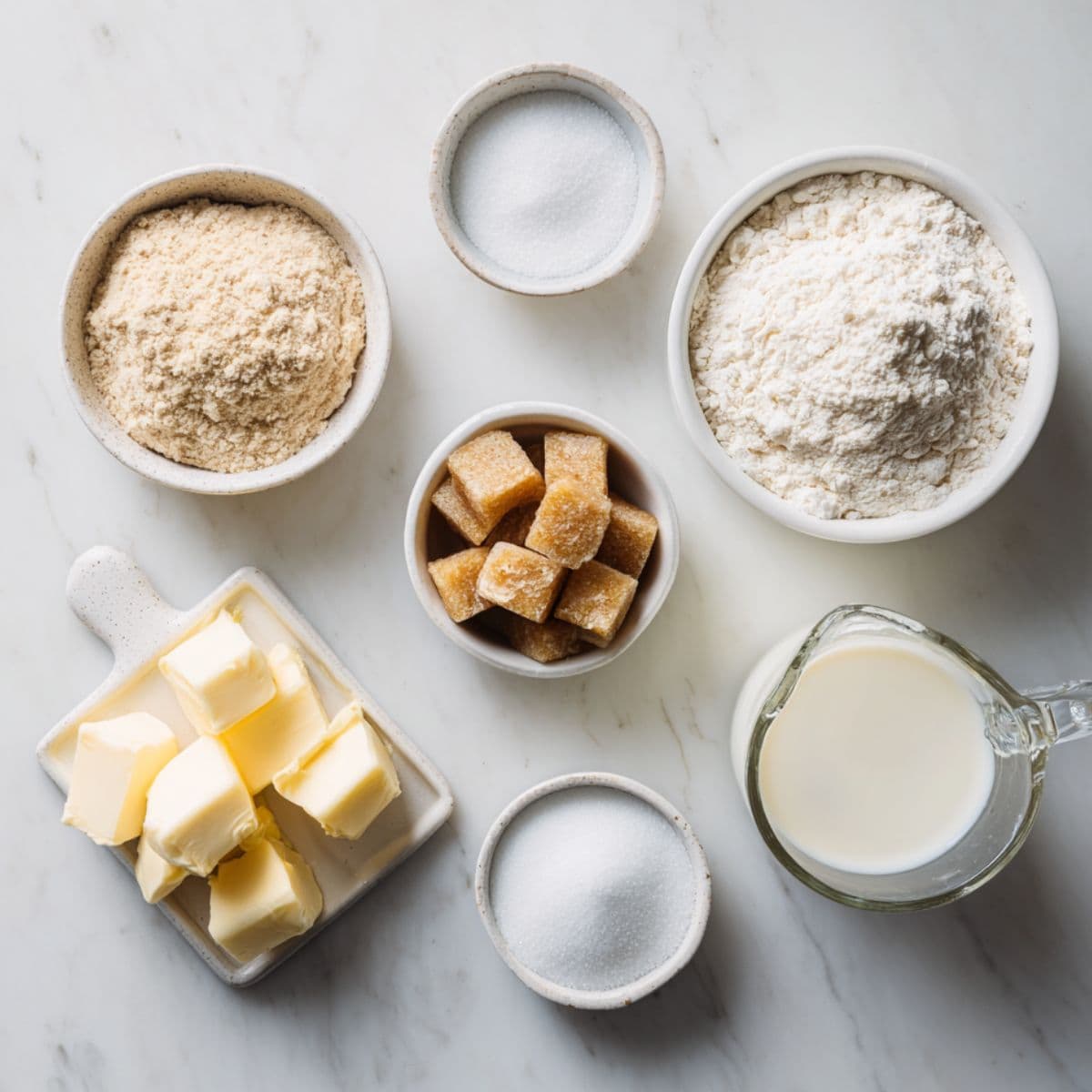 apple cobbler topping ingredients with flour, sugar, cold butter, milk, and baking powder