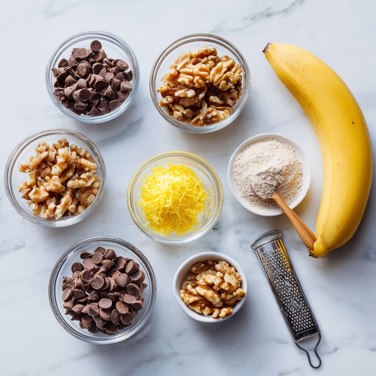 chocolate chips, walnuts, banana, lemon zest, and almond flour for avocado bread recipe