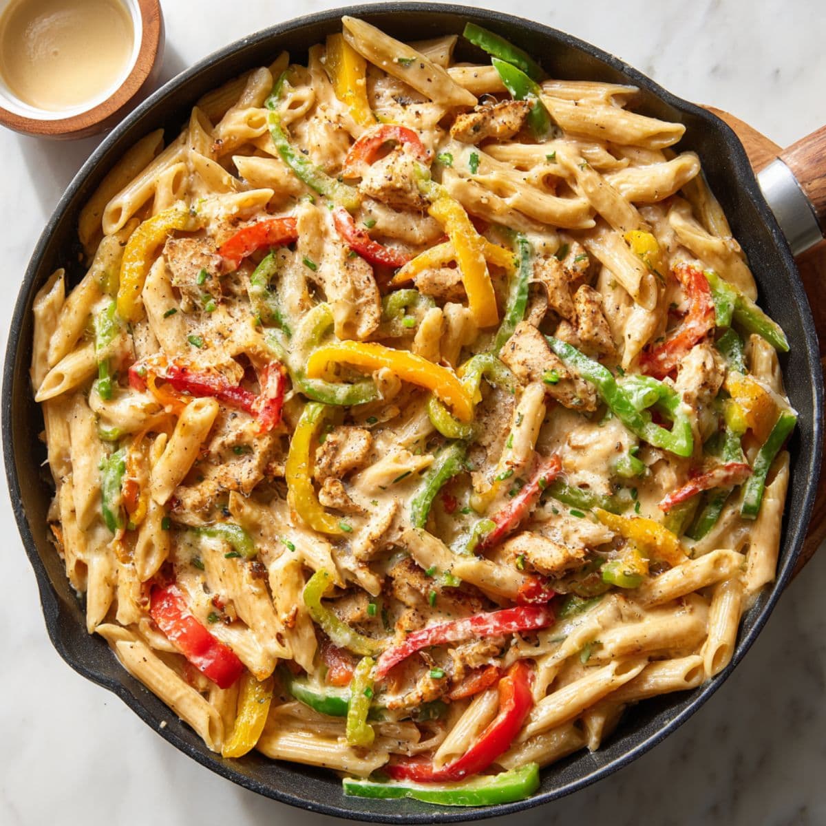 creamy rasta pasta recipe coming together with coconut milk, parmesan, and penne