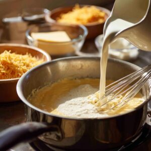 whisking the cheese sauce for mac and cheese