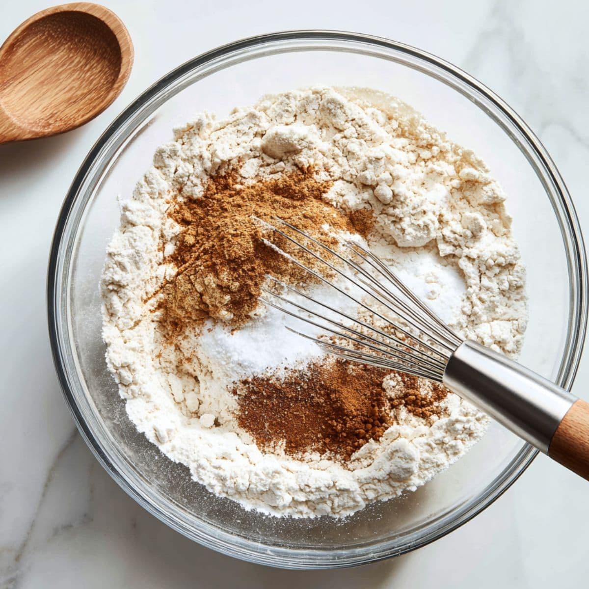 flour, cinnamon, salt, and baking soda whisked together for avocado bread recipe