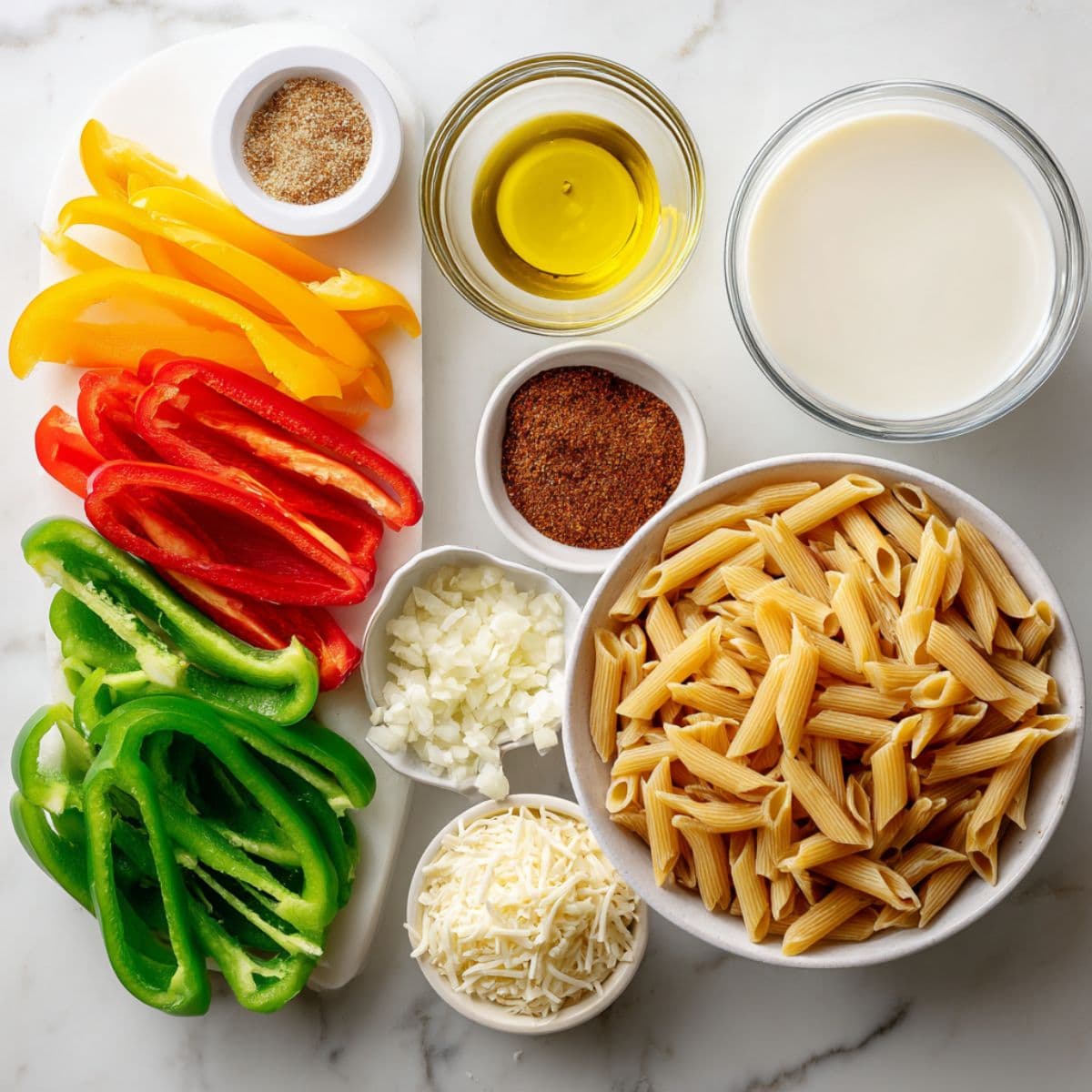 rasta pasta recipe ingredients including penne, bell peppers, jerk seasoning, cream, and coconut milk
