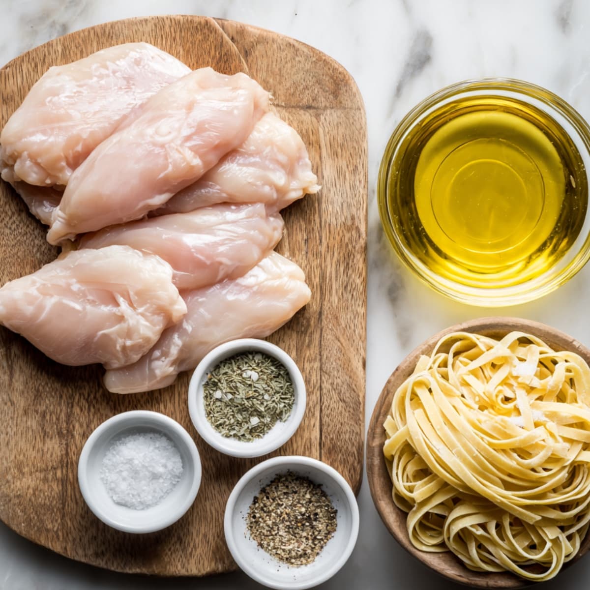 chicken alfredo pasta ingredients on kitchen counter