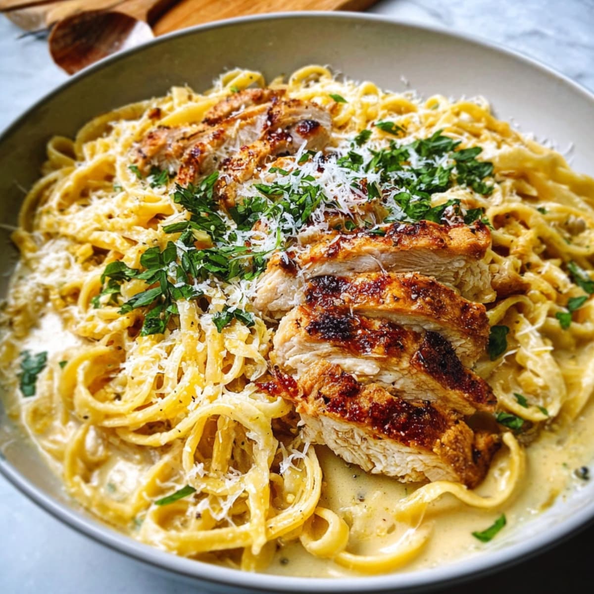 creamy alfredo pasta tossed with sliced chicken breast in skillet
