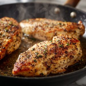 golden seared chicken breast cooking in skillet with oil