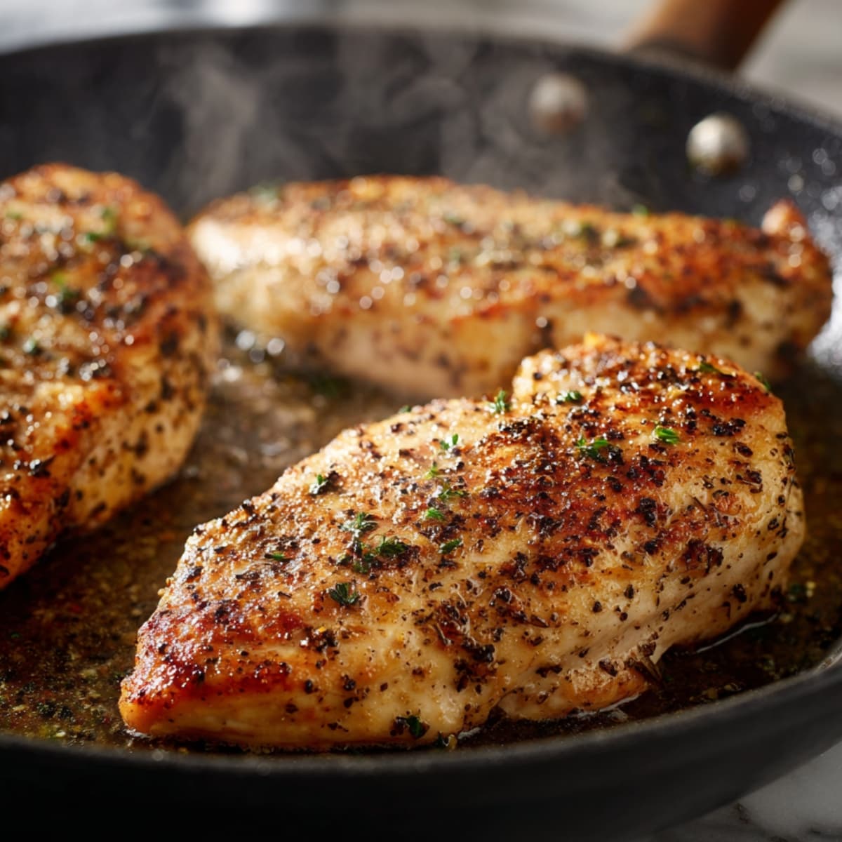 golden seared chicken breast cooking in skillet with oil