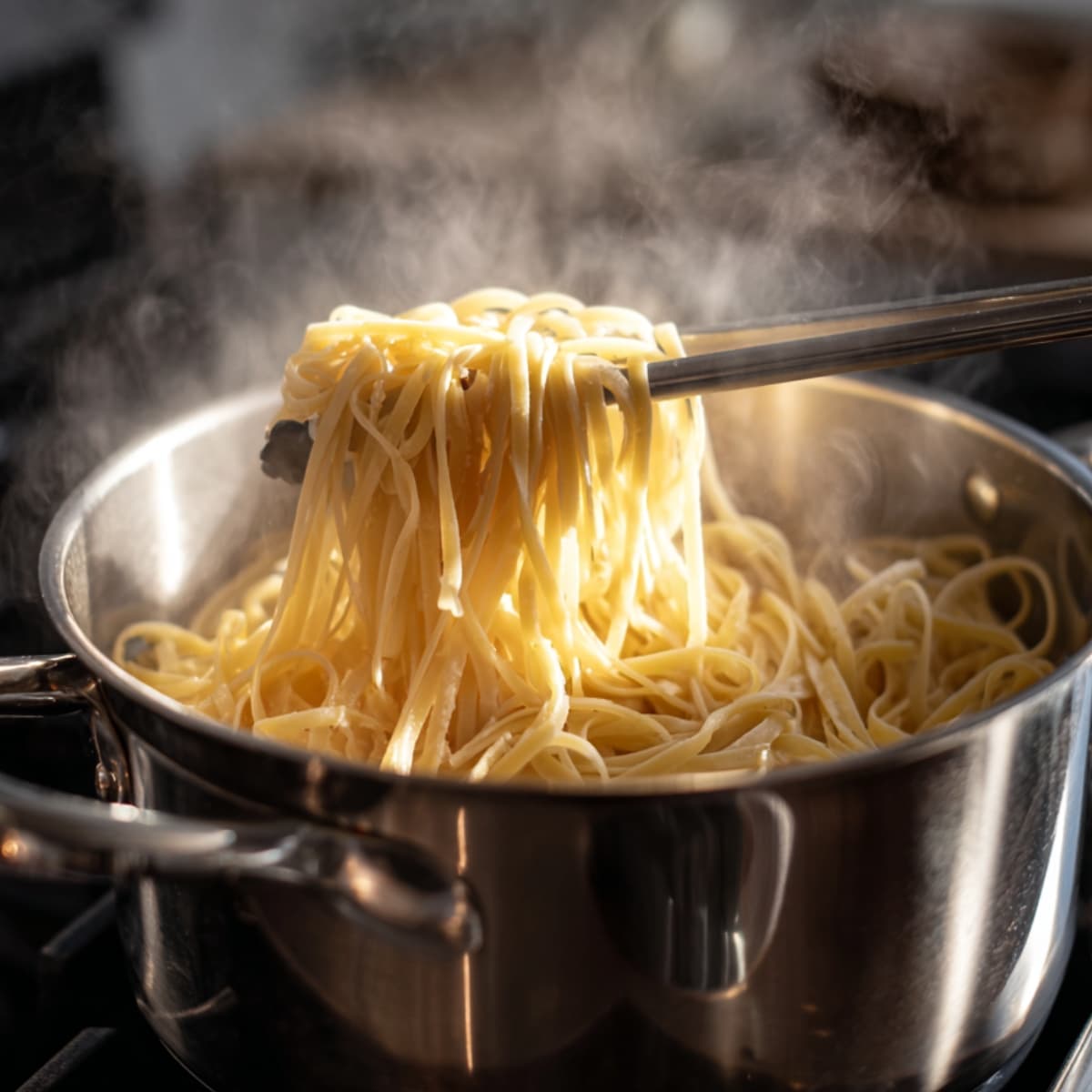 spaghetti pasta cooking in large pot of boiling salted water