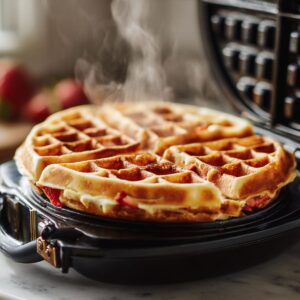 golden waffles cooking in hot waffle iron for strawberry waffles recipe