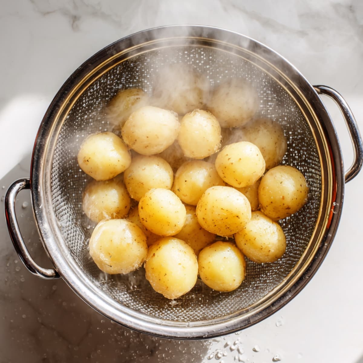 draining potatoes in colander for mashed potatoes recipe