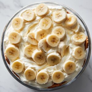 layering banana pudding recipe with wafers, pudding, and banana slices