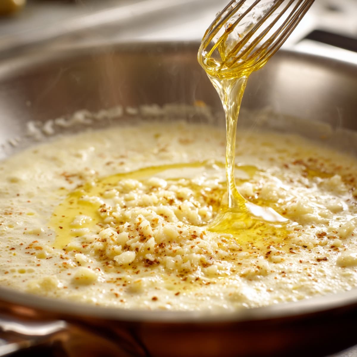 creamy alfredo sauce made with butter, garlic, and parmesan in skillet
