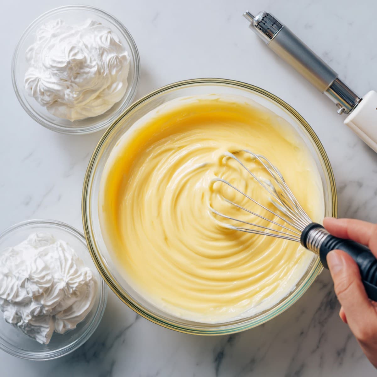 making banana pudding recipe base with pudding, cream cheese, and whipped cream