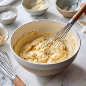 mixing waffle batter for strawberry waffles recipe with dry and wet ingredients in bowls
