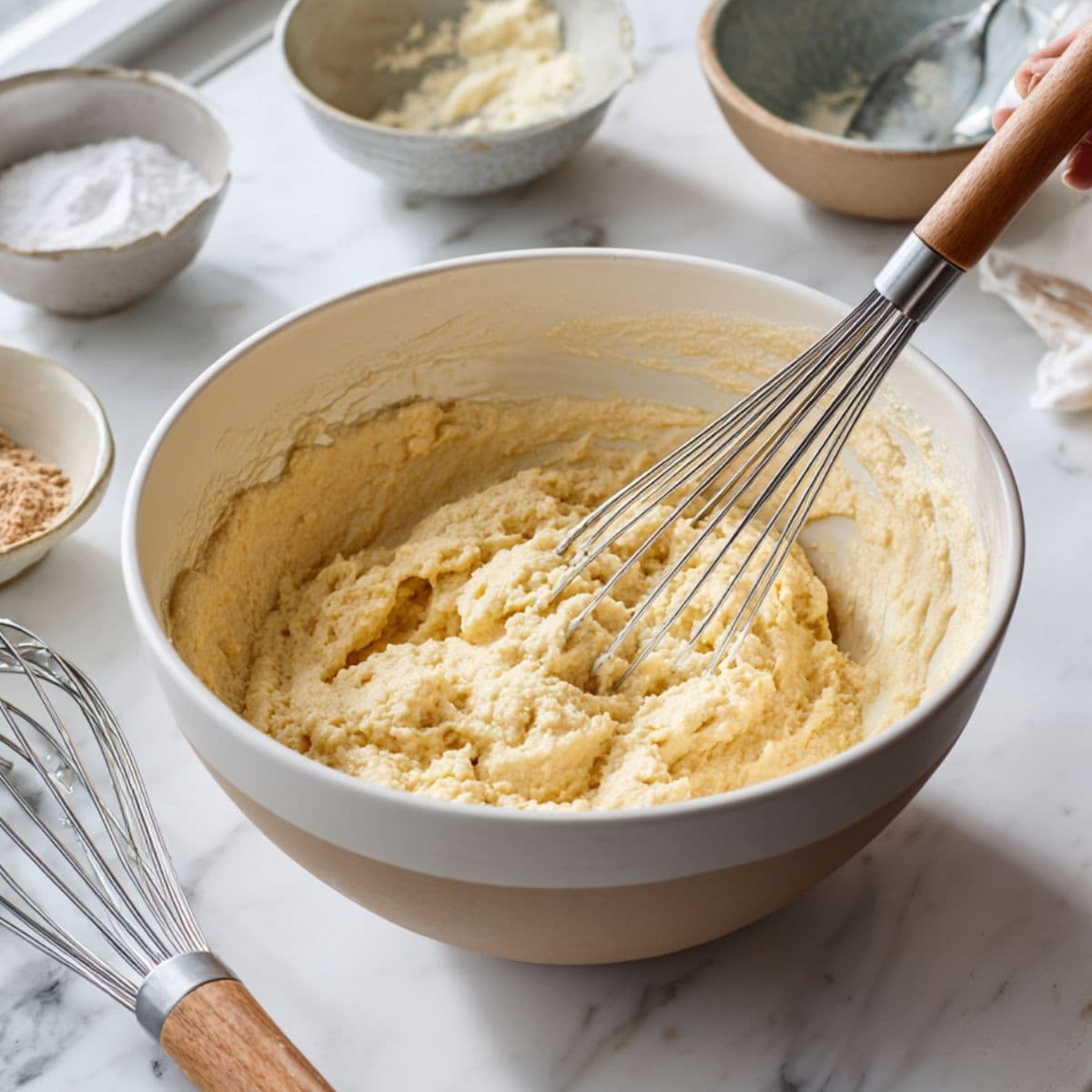 mixing waffle batter for strawberry waffles recipe with dry and wet ingredients in bowls