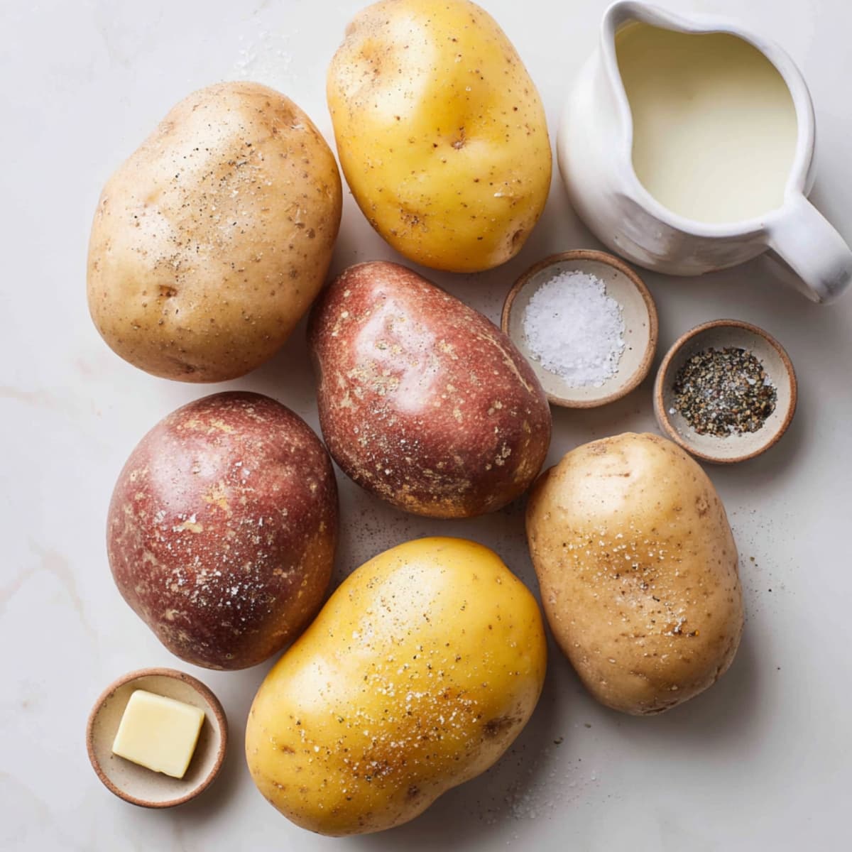mashed potatoes recipe ingredients potato base with russet potatoes, butter, cream, and salt
